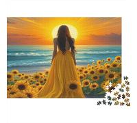 Puzzle da 1000 pezzi "Donna al tramonto sulla spiaggia" con girasole e mare, adatto ad adulti dai 12 anni in su, giochi educativi, decorazione per la casa, regali di compleanno. 70x50 cm.