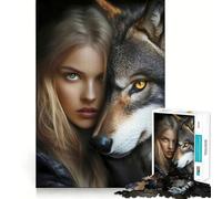 Puzzle da 1000 pezzi "Donna bionda e il suo lupo" attività divertente e precisa,stimolante per la mente,ideale per rilassarsi e come regalo di compleanno 38x52cm