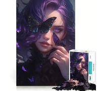 Puzzle da 1000 pezzi "Donna dai capelli viola con farfalle" per adolescenti, gioco di logica, antistress, bordo di qualità, articolo dei desideri di Babbo Natale (38x26cm)