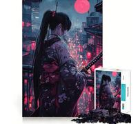 Puzzle da 1000 pezzi "Donna samurai nella città notturna" per adulti e ragazzi, gioco stimolante e antistress, con dettagli nitidi, ideale come regalo per le vacanze (50x75cm)