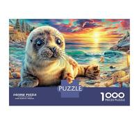 Puzzle da 1000 pezzi "Foca al tramonto" con foca sulla spiaggia sabbiosa, gioco educativo per adulti, decorazione per la casa, regali di compleanno difficili e stimolanti, 38x26 cm/1000 pezzi