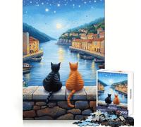 Puzzle da 1000 pezzi "Gatti al porto illuminato dalla luna" per adolescenti,stimolante per la mente,ideale per momenti di relax,con chiusura solida e creativa (38x26cm)