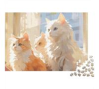Puzzle da 1000 pezzi "Gatti alla luce del sole alla finestra" con tre gatti soffici alla luce del sole. Per adulti dai 12 anni in su. Gioco educativo. Decorazione per la casa. Compleanno. 52x38 cm.
