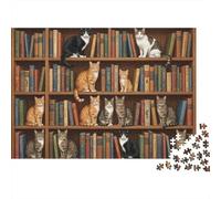 Puzzle da 1000 pezzi "Gatti nella libreria" con gatti che si arrampicano sulla libreria. Gioco educativo per adulti, decorazione per la casa, Dimensioni: 52x38 cm.
