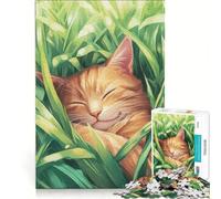 Puzzle da 1000 pezzi "Gatto addormentato nell'erba" gioco per tutta la famiglia assemblaggio di motivi con pezzi di forma casuale completamente ad incastro 38x26cm
