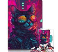 Puzzle da 1000 pezzi "Gatto al neon con occhiali" per adolescenti, modelli da assemblare, attività divertenti da fare a casa, regalo di compleanno, regali da viaggio (38x26cm)