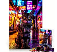 Puzzle da 1000 pezzi Gatto al neon in un vicolo cittadino per adolescenti, gioco stimolante, facile da usare, per il tempo libero, con tagli precisi, (38x26cm)