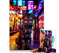 Puzzle da 1000 pezzi Gatto al neon in un vicolo cittadino per adolescenti, gioco stimolante, facile da usare, per il tempo libero, con tagli precisi, (38x26cm)