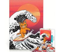 Puzzle da 1000 pezzi: Gatto arancione che surfa un'onda gigante gioco rompicapo rilassante e stimolante per l'intelletto ideale come regalo per tutta la famiglia 38x52cm