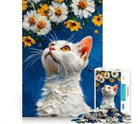 Puzzle da 1000 pezzi "Gatto bianco che guarda le margherite" Divertimento per allenare la mente,incastro perfetto,senza spazi vuoti,attività per rafforzare il legame tra persone care (50x75cm)