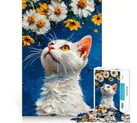 Puzzle da 1000 pezzi "Gatto bianco che guarda le margherite" Divertimento per allenare la mente,incastro perfetto,senza spazi vuoti,attività per rafforzare il legame con i propri cari (38x26cm)