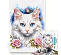 Puzzle da 1000 pezzi "Gatto bianco con rose rosa" per adulti,gioco di abilità mentale,taglio laser per un incastro perfetto,attività gratificante per le giornate di pioggia (50x75cm)