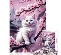 Puzzle da 1000 pezzi Gatto bianco tra i ciliegi in fiore Albero di ciliegio Decorazione per la casa Giocattoli Ottimo regalo per giochi Gioco pratico Difficile e stimolante Dimensioni 38x26cm