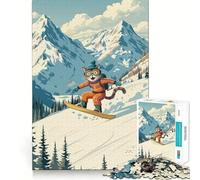 Puzzle da 1000 pezzi "Gatto che fa snowboard in montagna" Gioco creativo di alta qualità per stimolare la mente e creare un'atmosfera di pace e divertimento Decorazione natalizia da parete (38x26cm)