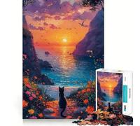 Puzzle da 1000 pezzi "Gatto che guarda il tramonto sul mare" Taglio preciso Divertente gioco di abilità mentale Gioco per il tempo libero Regalo festivo (38x52cm)