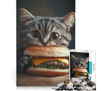 Puzzle da 1000 pezzi "Gatto che mangia hamburger", gioco rompicapo, allena la mente e la manualità, adatto come decorazione da scrivania 38x26cm