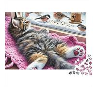 Puzzle da 1000 pezzi "Gatto che osserva gli uccelli" Gatto che osserva gli uccelli sul davanzale per giochi educativi per adulti Decorazione per la casa Sfida Alta difficoltà Compleanno 70x50cm