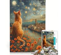 Puzzle da 1000 pezzi Gatto che osserva il cielo notturno di Firenze, gioco per famiglie, rilassante e stimolante, compleanno e Natale 38x52cm