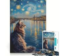 Puzzle da 1000 pezzi Gatto che osserva un fiume in una notte stellata,gioco con bordi perfetti,gioco cognitivo divertente,gioco lento,divertente,decorazione artistica natalizia (50x75cm)