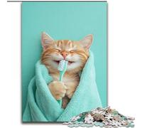 Puzzle da 1000 pezzi "Gatto che si lava i denti", puzzle in legno 50x75cm, perfetto per la casa o l'ufficio, regalo di Natale ideale