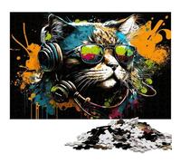 Puzzle da 1000 pezzi "Gatto con le cuffie", decorazione fai da te in legno, sfida per il cervello, per adulti, famiglia, regalo di Natale, 50x75CM/19,68x29,52 pollici.
