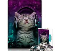 Puzzle da 1000 pezzi "Gatto con le cuffie" per adolescenti, gioco per famiglie, antistress, sfida difficile, collezione di artisti, belle arti (38x26cm)