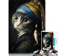 Puzzle da 1000 pezzi "Gatto con orecchino di perla" per adulti e adolescenti, decorazioni per la casa e regali unici per bambini dai 14 anni in su, 26x38cm