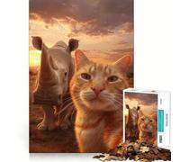 Puzzle da 1000 pezzi Gatto e rinoceronte che si fanno un selfie al tramonto - Decorazione con tagli precisi - Gioco di logica e pensiero - Gioco rilassante - Regalo di Natale (50x75cm)