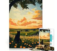 Puzzle da 1000 pezzi "Gatto in un prato al tramonto" - Decorazione con tagli precisi - Gioco di logica e pensiero - Momento di relax - Regalo di Natale (38x26cm)