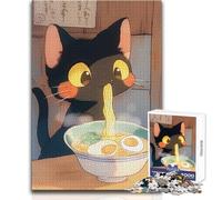 Puzzle da 1000 pezzi Gatto nero che mangia ramen - Cibo giapponese rilassante da solo, momento tranquillo, taglio preciso, giocattolo da gioco, dimensioni 50x75cm
