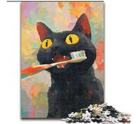 Puzzle da 1000 pezzi "Gatto nero che si lava i denti", 50x75cm, regalo perfetto per familiari e amici, adatto dai 14 anni in su