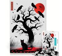 Puzzle da 1000 pezzi Gatto nero e corvi sotto la luna rossa Taglio preciso Gioco divertente per stimolare la mente e rallentare il ritmo Decorazione natalizia per la casa (50x75cm)