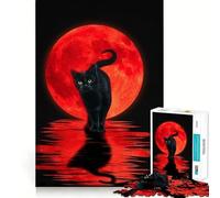 Puzzle da 1000 pezzi Gatto nero e luna rossa,decorazione con bordi ben definiti,gioco di logica,divertente e facile da usare,regalo di compleanno (38x52cm)