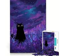 Puzzle da 1000 pezzi "Gatto nero in un campo di lavanda di notte" Gioco di precisione,stimola la logica e il relax,ideale come decorazione natalizia per la casa 38x52cm