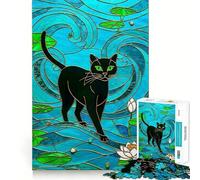 Puzzle da 1000 pezzi "Gatto nero in una vetrata" con ritagli precisi,gioco stimolante per la mente,facile da giocare,regalo di compleanno ideale per chi ama pensare 38x26cm