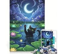 Puzzle da 1000 pezzi "Gatto nero in uno stagno di ninfee di notte", decorazione da parete, stimolante da completare, ideale per rafforzare l'amore tra le coppie 38x26cm