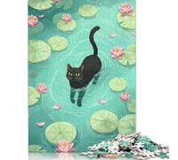 Puzzle da 1000 pezzi Gatto nero in uno stagno di ninfee Puzzle per adulti Giocattoli Regali Gioco di sfida Puzzle creativi Decorazione da parete 38x26 cm/1000 pezzi