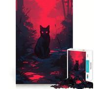 Puzzle da 1000 pezzi "Gatto nero nella foresta rossa",disegno accuratamente ritagliato,gioco stimolante per la mente,facile da giocare,regalo di compleanno ideale per chi ama pensare 50x75cm