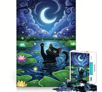 Puzzle da 1000 pezzi "Gatto nero nello stagno delle ninfee di notte",con bordi senza giunture Gioco stimolante e divertente,ideale per il tempo libero Regalo artistico di Natale 50x75cm