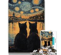 Puzzle da 1000 pezzi "Gatto nero sotto il cielo notturno", 1000 pezzi per adolescenti, giocattolo educativo intellettuale decomprimente, regalo di compleanno, regali 26x38cm