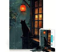 Puzzle da 1000 pezzi "Gatto nero sotto la pioggia",stile giapponese,gioco di precisione,stimola la logica,ideale per momenti di relax,decorazione natalizia per la casa 38x26cm