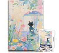 Puzzle da 1000 pezzi Gatto nero sotto un ombrello floreale Ottimo per i momenti di relax in casa, durevole, giocattolo di precisione ad incastro Dimensioni 50x75cm