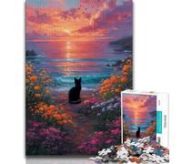 Puzzle da 1000 pezzi "Gatto nero sulla spiaggia" per adolescenti, giocattoli, giochi educativi antistress, adatti per la decorazione della scrivania (75x50cm)