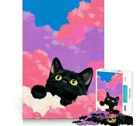 Puzzle da 1000 pezzi "Gatto nero tra nuvole rosa" Gioco di precisione,stimola la logica,ideale per il tempo libero e come regalo di compleanno 50x75cm