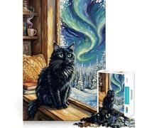 Puzzle da 1000 pezzi Gatto nero vicino alla finestra con Aurora Bordo liscio Gioco di abilità mentale Divertimento Cozy Time Gioco Compleanno Hobby Regalo (50x75cm)