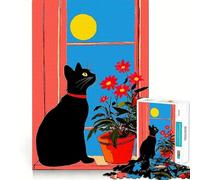Puzzle da 1000 pezzi Gatto nero vicino alla finestra,decorazione con bordi ben definiti,gioco per allenare la mente,divertente e facile da usare,regalo di compleanno (50x75cm)
