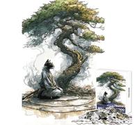 Puzzle da 1000 pezzi Gatto Samurai che medita sotto un albero bonsai Giocattolo educativo Ottimo regalo per giochi di famiglia Gioco per migliorare l'amore tra coppie Dimensioni 38x26cm