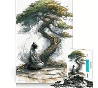 Puzzle da 1000 pezzi Gatto Samurai in meditazione sotto un bonsai,taglio premium,gioco creativo per la mente,pace e divertimento,decorazione natalizia da parete (50x75cm)