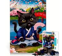 Puzzle da 1000 pezzi Gatto Samurai tra i ciliegi in fiore per adolescenti, giocattolo antistress, taglio di alta qualità, (50x75cm)