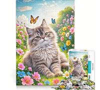 Puzzle da 1000 pezzi Gatto soffice in un prato fiorito, gioco interattivo, regalo di compleanno, compleanno e Natale 38x52cm